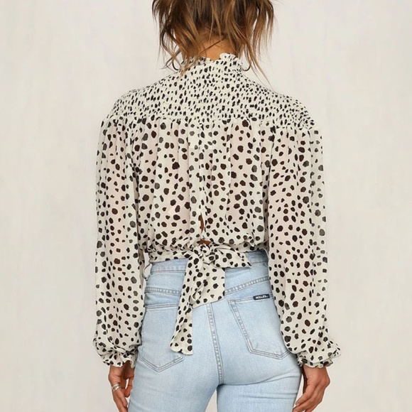 Merry Terry Chiffon Printed Polka Dot Bow Blouse - Picture 2 of 4